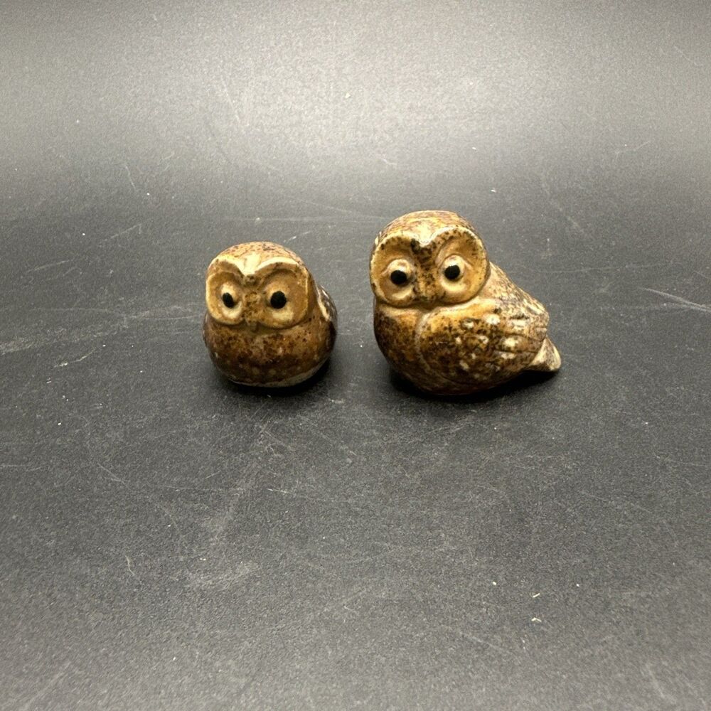 Vintage Japan Pottery Brown Owl Pair (2) Miniature 1" 1.25" Figurines